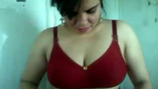 Radha Bhabhi in red bra and panties, teasing with dirty talk