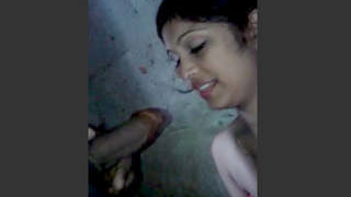 Indian girl gives a sensual blowjob to her lover in the bathroom, with a lot of talking